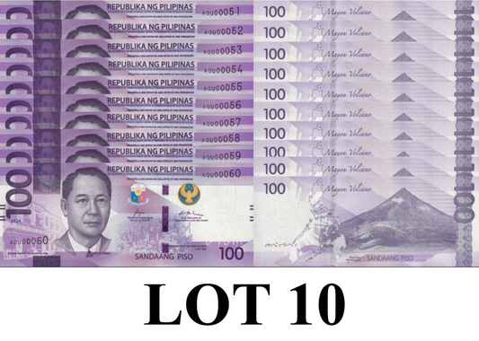 Philippines 100 Piso 2024 P 232A UNC Consecutive Lot 10 pcs LOW S/N 51-60
