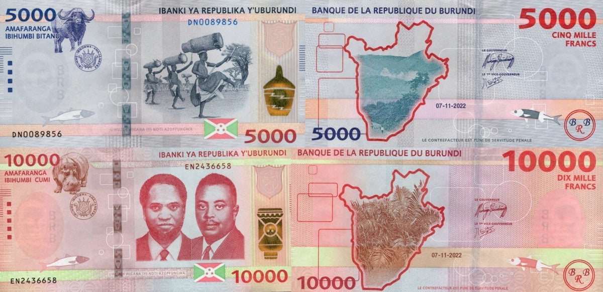 Burundi 5000 10000 Francs 2022/2023 P 58 59 Modified Colors UNC Set 2 pcs