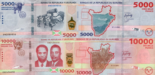 Burundi 5000 10000 Francs 2022/2023 P 58 59 Modified Colors UNC Set 2 pcs