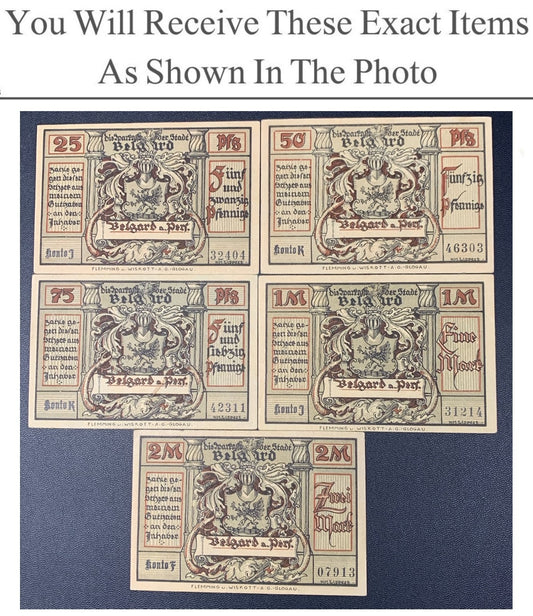 Germany Notgeld BELGARD 25 50 75 Pfennig 1 2 Mark 1921 Full Set 5 pcs