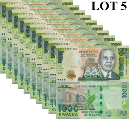 Malawi 1000 Kwacha 2020 P 67 UNC 1/20 Bundle Lot 5 pcs