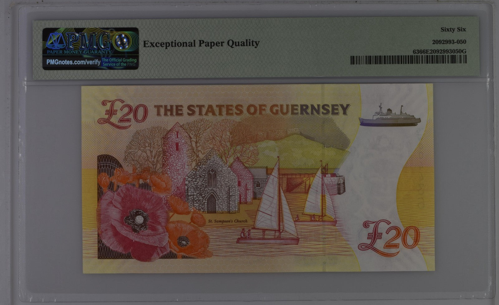 Guernsey Commemorative 20 Pounds 2018 P 63 LOW S/N 004436 UNC PMG 66 EPQ