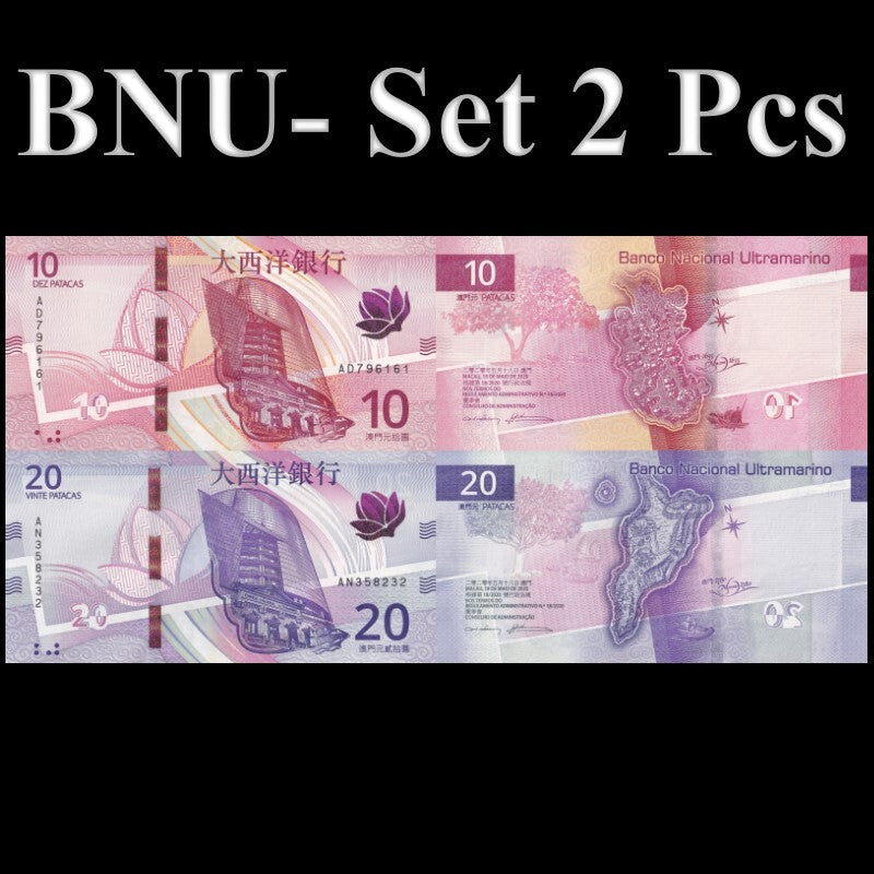 Macau Macao BNU 10 20 Patacas 2024 P 90 91 New Design issue UNC Set 2 pcs