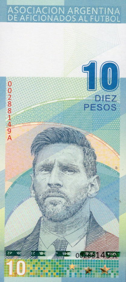 Argentina TEST NOTE 10 Pesos Messi Football Star Commemorative Banknote UNC