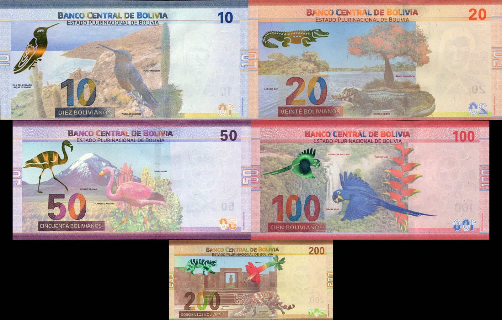 Bolivia 10 20 50 100 200 Bolivianos 1986 P 248 249 250 251 252 UNC Set 5 pcs