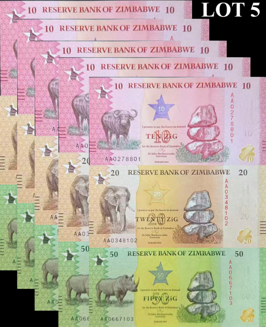 Zimbabwe 10 20 50 Zig 2026 P 115 116 117 NEW Design UNC Set 3 Lot 5 pcs