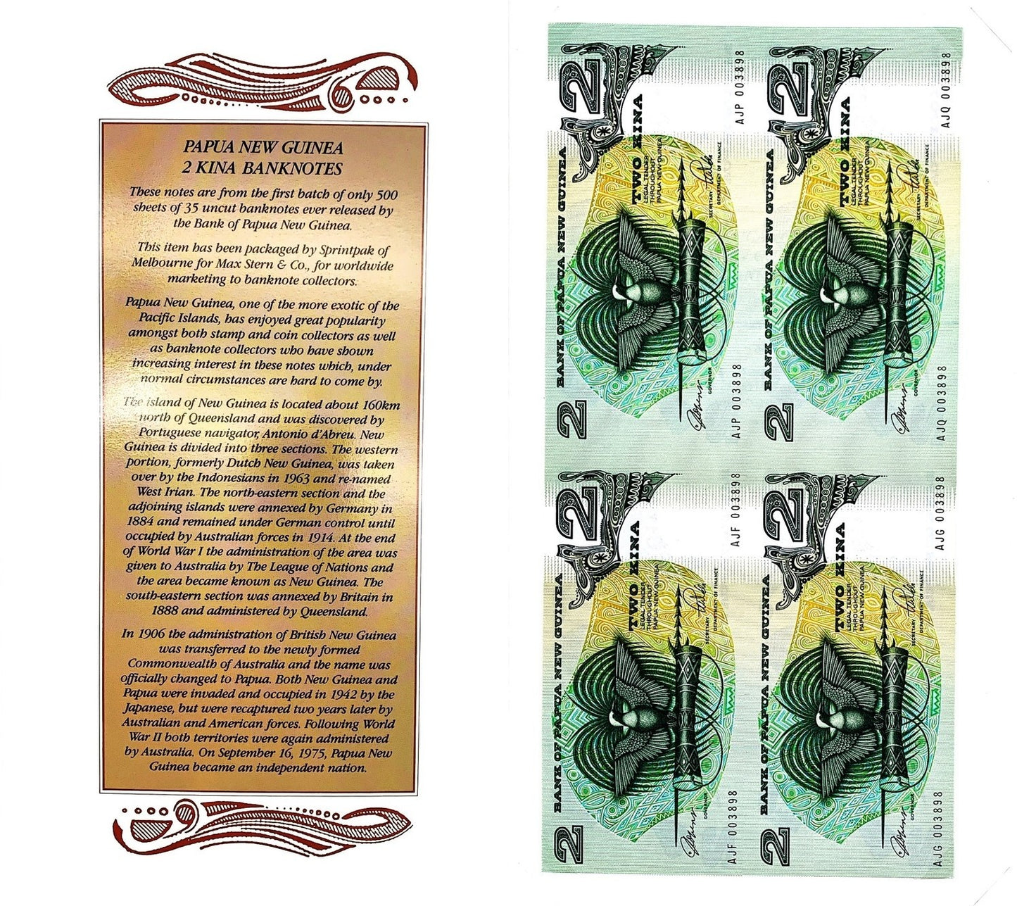 Papua New Guinea 2 Kina ND (1989-1991) P 5c UNC UNCUT 4 IN 1 With Folder