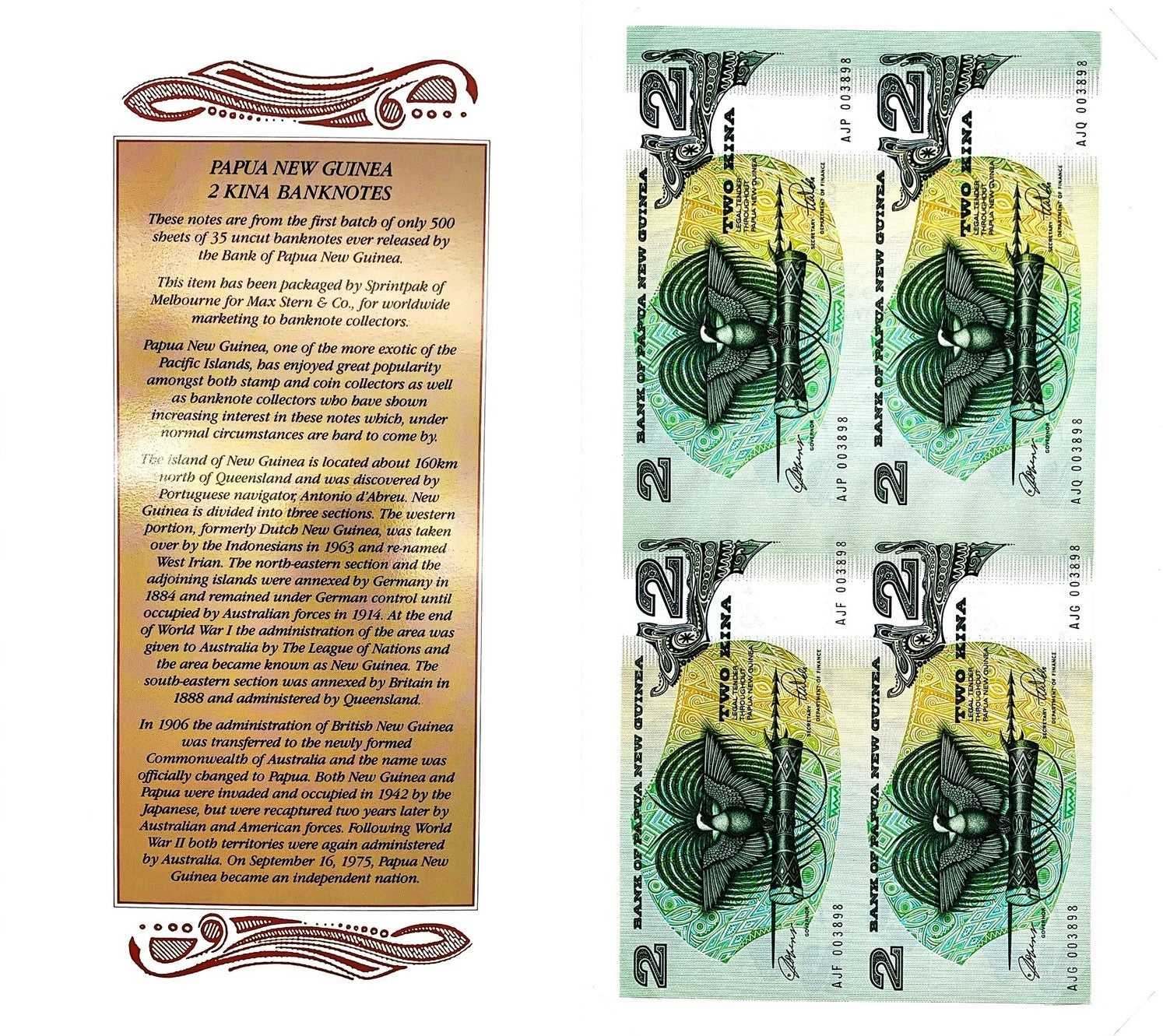 Papua New Guinea 2 Kina ND (1989-1991) P 5c UNC UNCUT 4 IN 1 With Folder