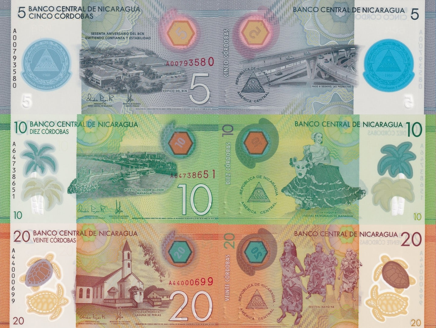 Nicaragua 5 10 20 Cordobas 2019 P 219 209 210 Polymer UNC Set 3 pcs
