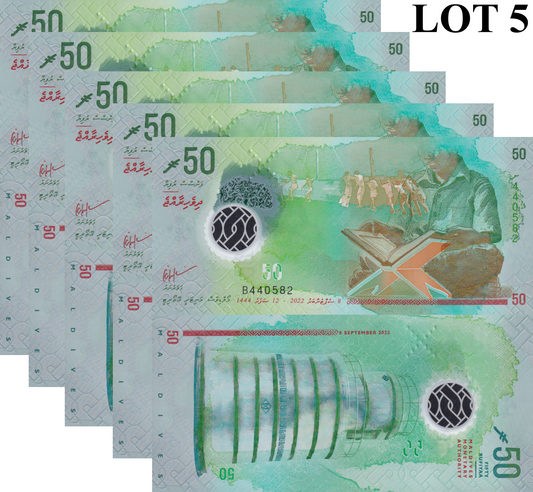 Maldives 50 Rufiyaa 2022 P 28 Polymer Lot 5 pcs 1/20 Bundle UNC
