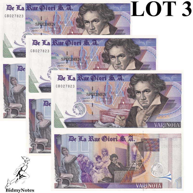 De La Rue Giori S.A Beethoven 1 Specimen Black Serial Numbers LOT 3 pcs