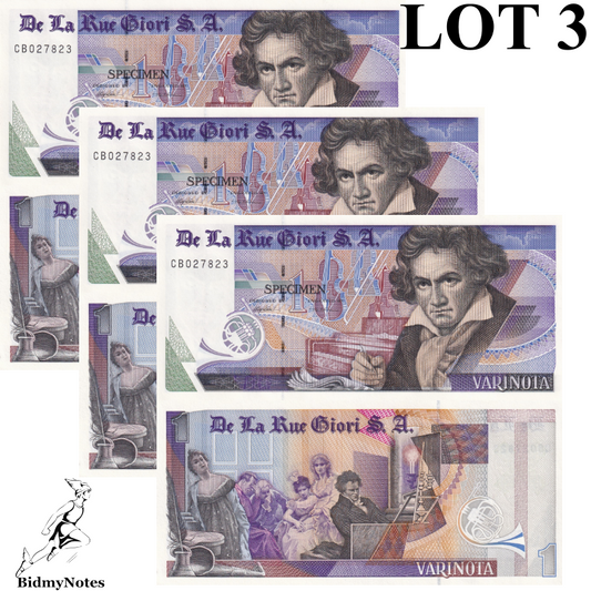 De La Rue Giori S.A Beethoven 1 Specimen Black Serial Numbers LOT 3 pcs