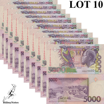 Sao Tome Principe 5000 Dobras 2004 P 65c UNC AA Prefix 1/10 Bundle LOT 10 pcs