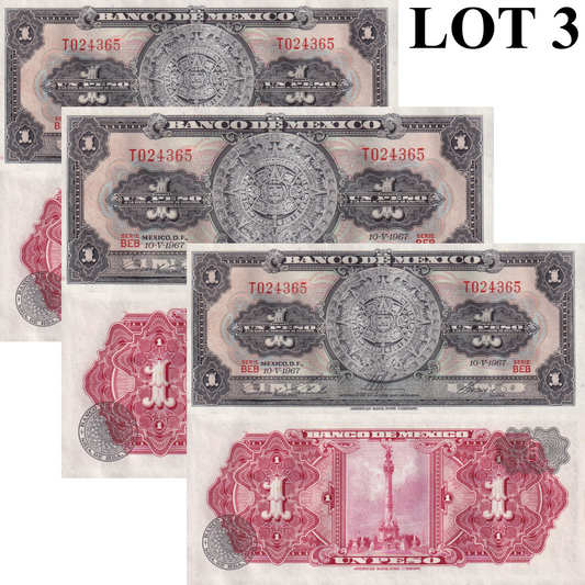 Mexico 1 Peso 1967 P 59j UNC Lot 3 pcs