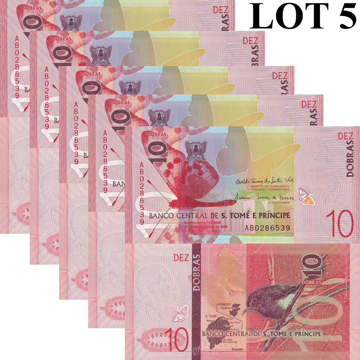 Sao Tome E Principe 10 Dobras 2020-2023 P 77 UNC 1/20 Bundle Lot 5 pcs