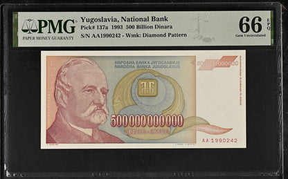 Yugoslavia 500 Billion Dinara 1993 P 137a UNC PMG 66 EPQ AA First Prefix