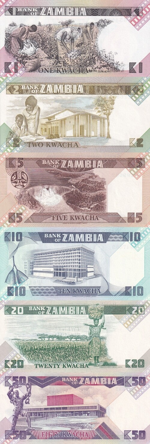 Zambia 1 2 5 10 20 50 Kwacha 1980-1988 P 23 24 25 26 27 28 UNC Set 6 pcs