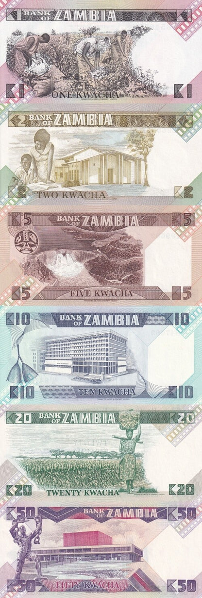 Zambia 1 2 5 10 20 50 Kwacha 1980-1988 P 23 24 25 26 27 28 UNC Set 6 pcs