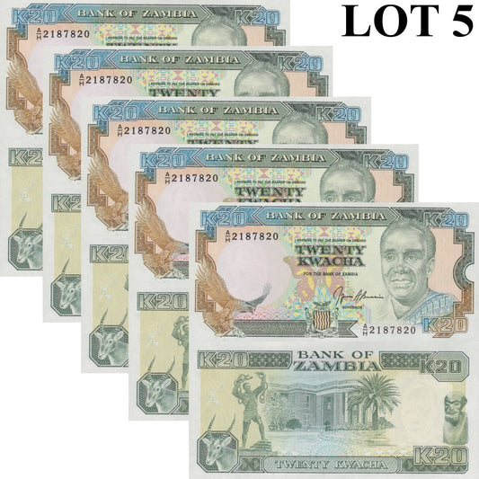Zambia 20 Kwacha ND 1989-1991 P 32 UNC 1/20 Bundle Lot 5 pcs