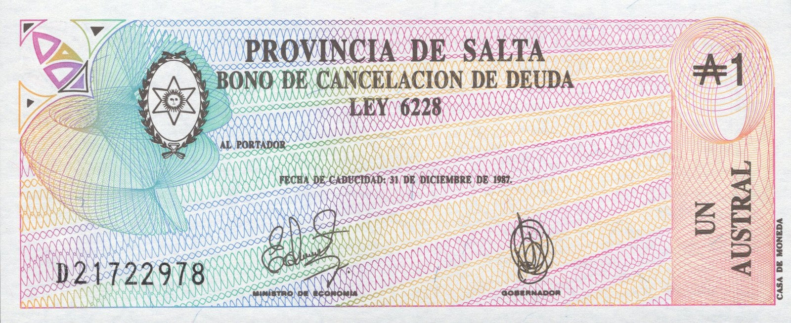 Argentina 1 Austrak 1987 P S2612e UNC