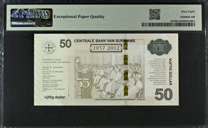 Suriname Commemorative 50 Dollars 2012 P 167 UNC PMG 68 EPQ 3rd TOP POP