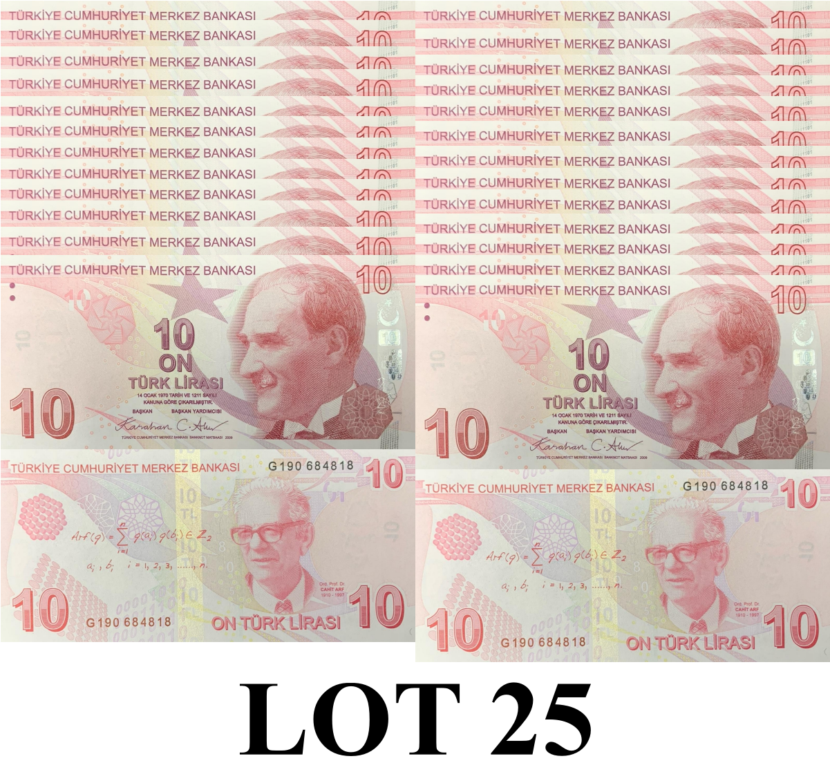 Turkey 10 Turk Lirasi 2009/2025 P 223 New Date UNC 1/4 Bundle Lot 25 pcs