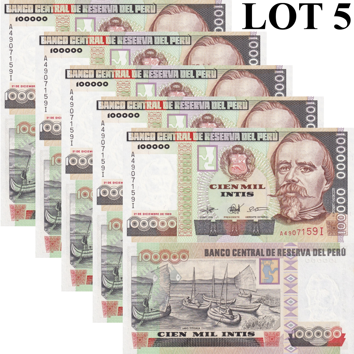 Peru 100000 Intis 1989 P 145 UNC FOXING 1/20 Bundle Lot 5 pcs