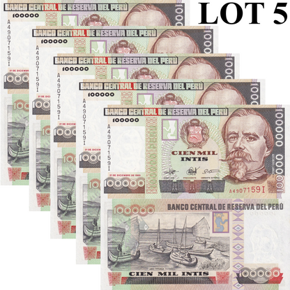 Peru 100000 Intis 1989 P 145 UNC FOXING 1/20 Bundle Lot 5 pcs
