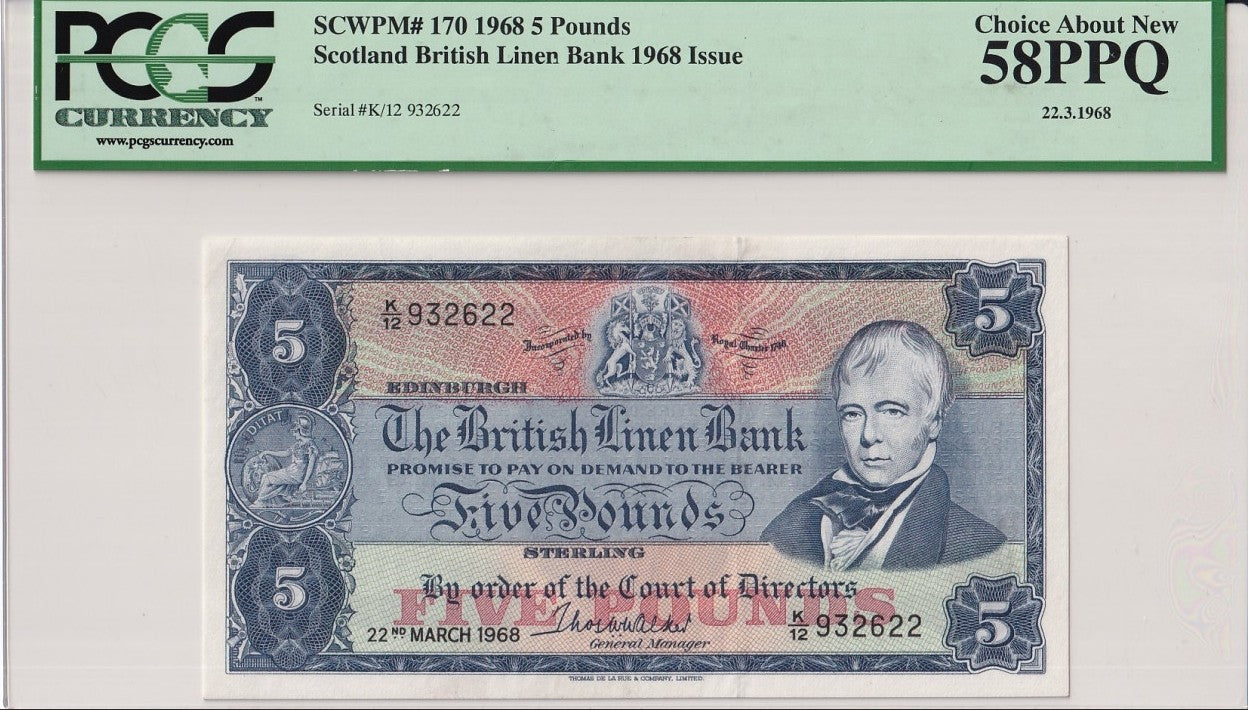 Scotland 5 Pounds 1968 P 170 AU PCGS 58 PPQ British Line Bank