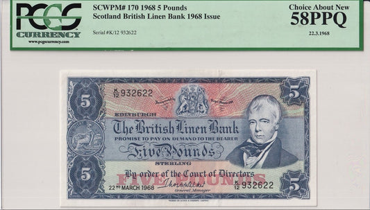 Scotland 5 Pounds 1968 P 170 AU PCGS 58 PPQ British Line Bank