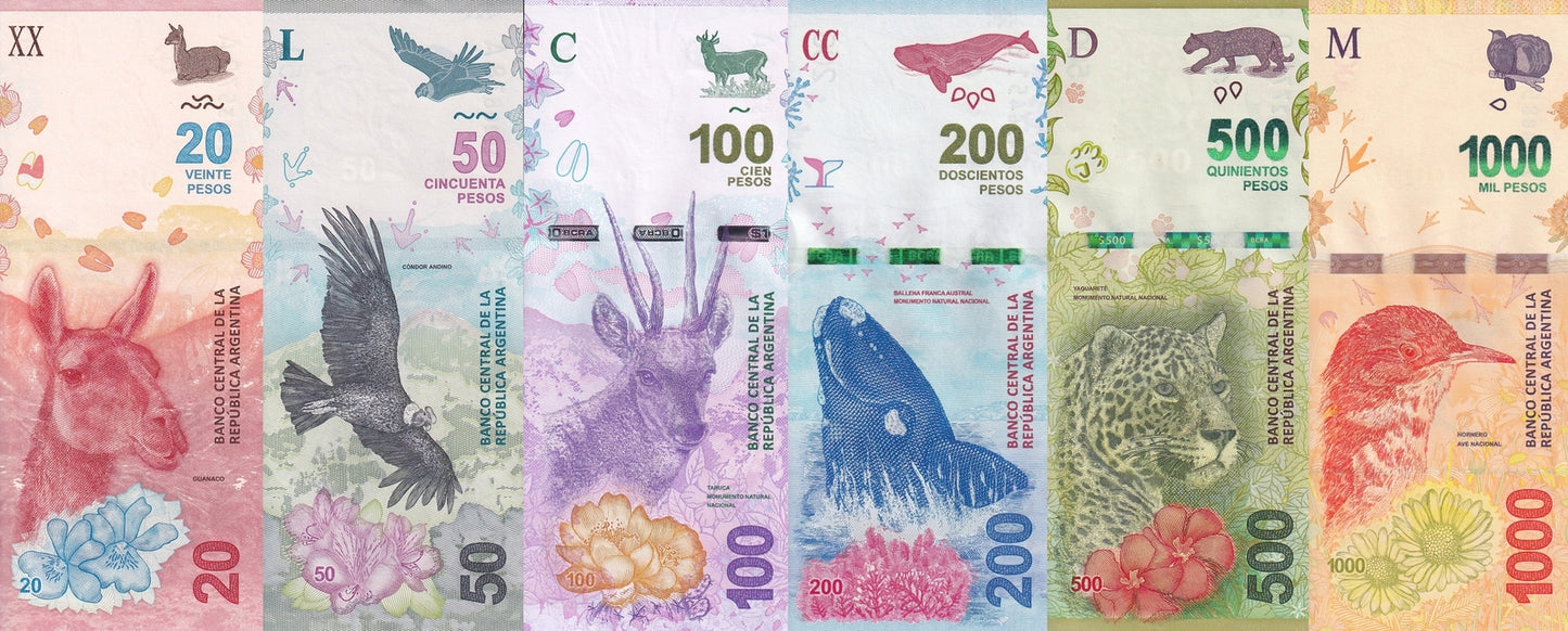 Argentina 20 50 100 200 500 1000 Pesos 2016-2018 P 361-366 UNC Set 6 pcs