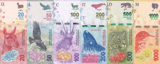Argentina 20 50 100 200 500 1000 Pesos 2016-2018 P 361-366 UNC Set 6 pcs