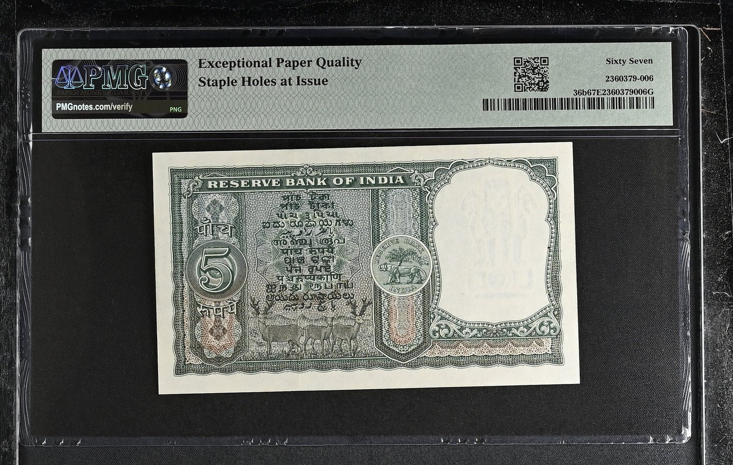 India Reserve Bank 5 Rupees ND (1962-67) P 36b UNC PMG 67 EPQ TOP POP