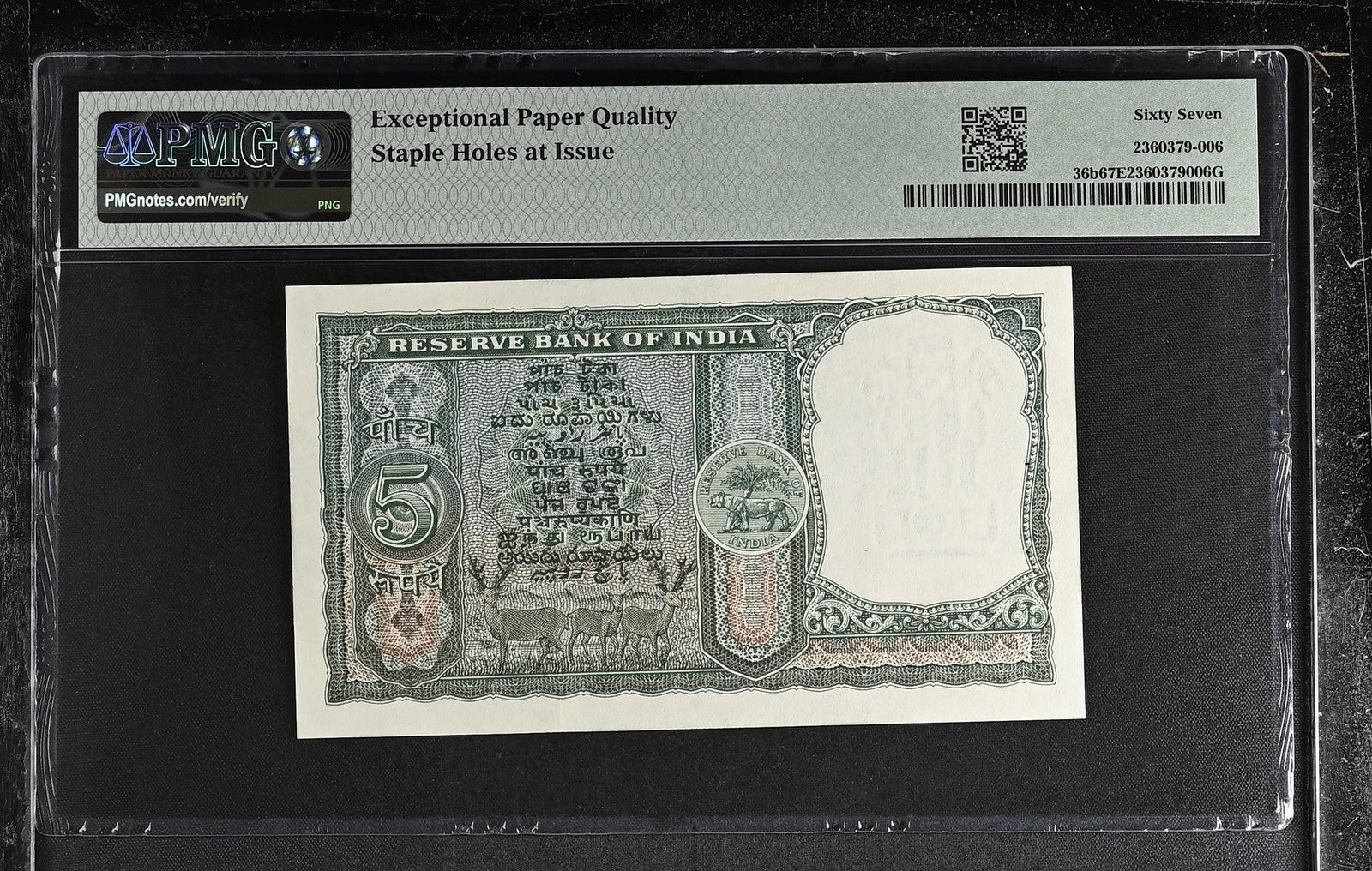 India Reserve Bank 5 Rupees ND (1962-67) P 36b UNC PMG 67 EPQ TOP POP