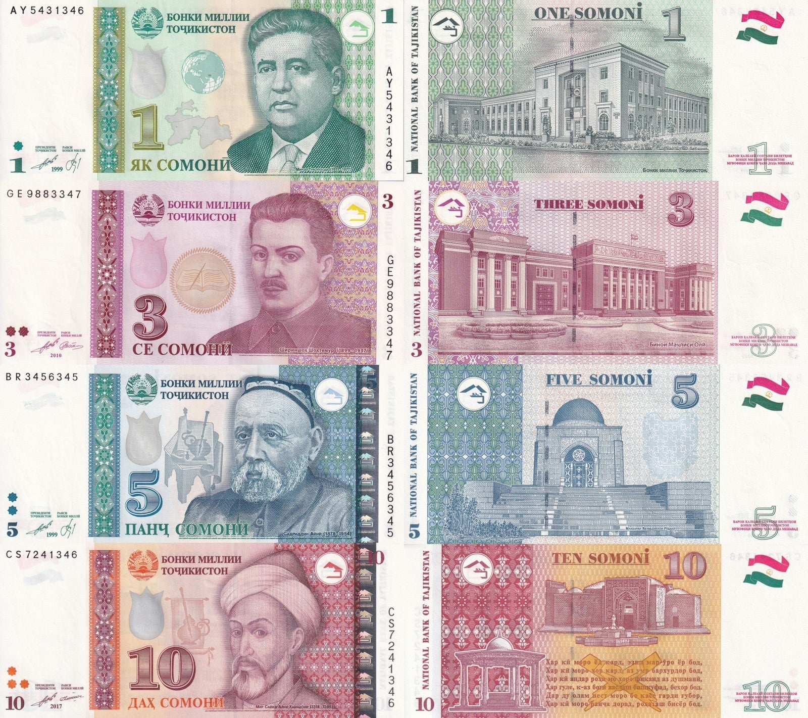 Tajikistan 1 3 5 10 Somoni 1999-2017 P 14A 20 23 24b UNC Set 4 pcs