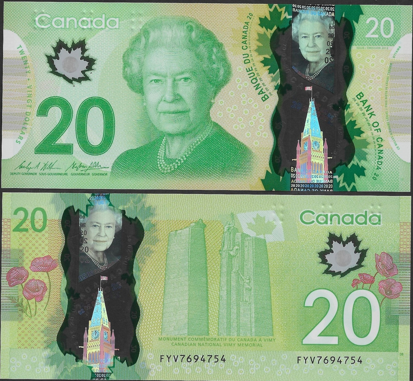 Canada 20 Dollars 2012 Polymer P 108  WILKINS / POLOZ Queen Elizabeth II UNC