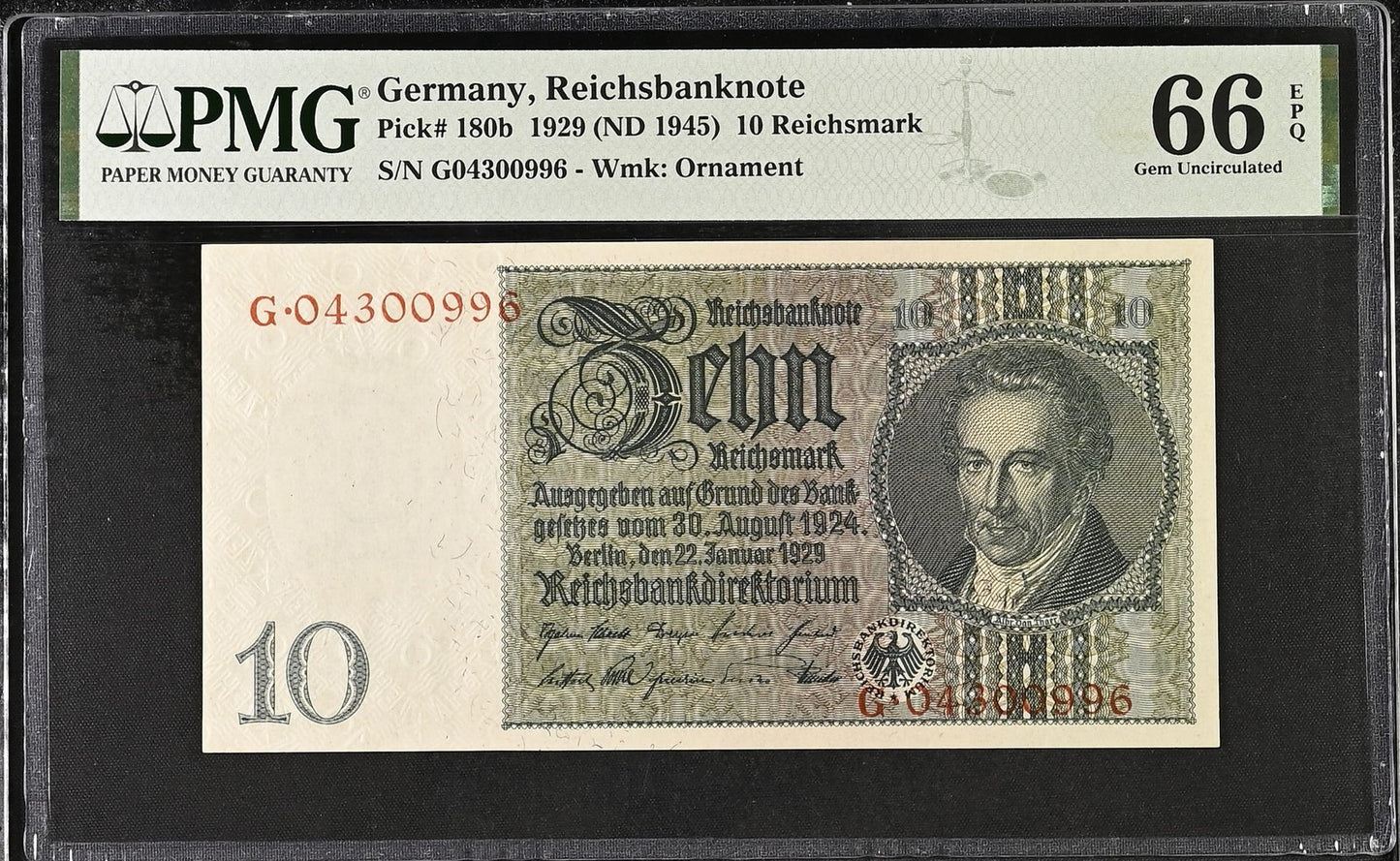 Germany Reichsbanknote 10 1929 (ND 1945) P 180b UNC PMG 66 EPQ 3rd TOP POP