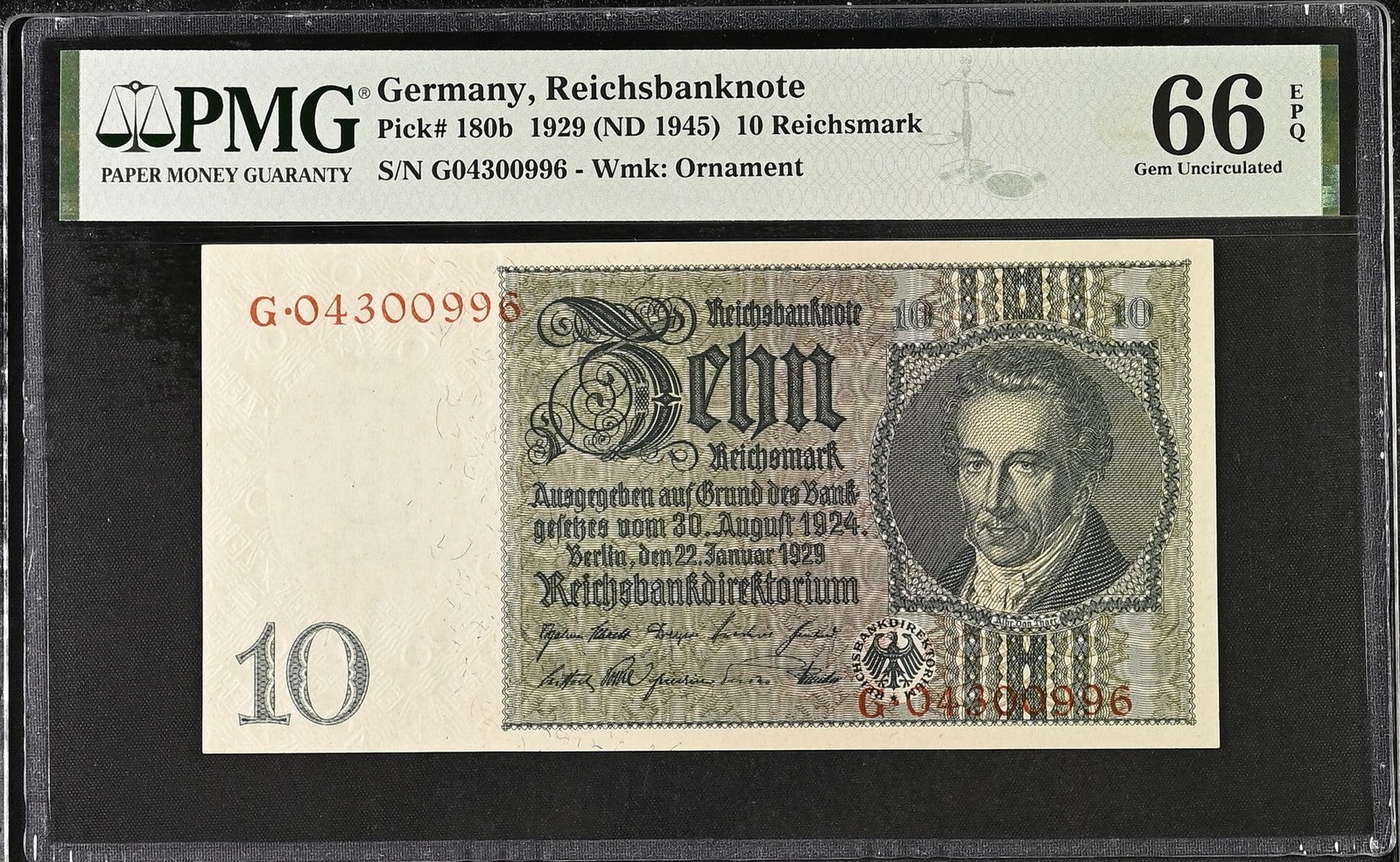 Germany Reichsbanknote 10 1929 (ND 1945) P 180b UNC PMG 66 EPQ 3rd TOP POP