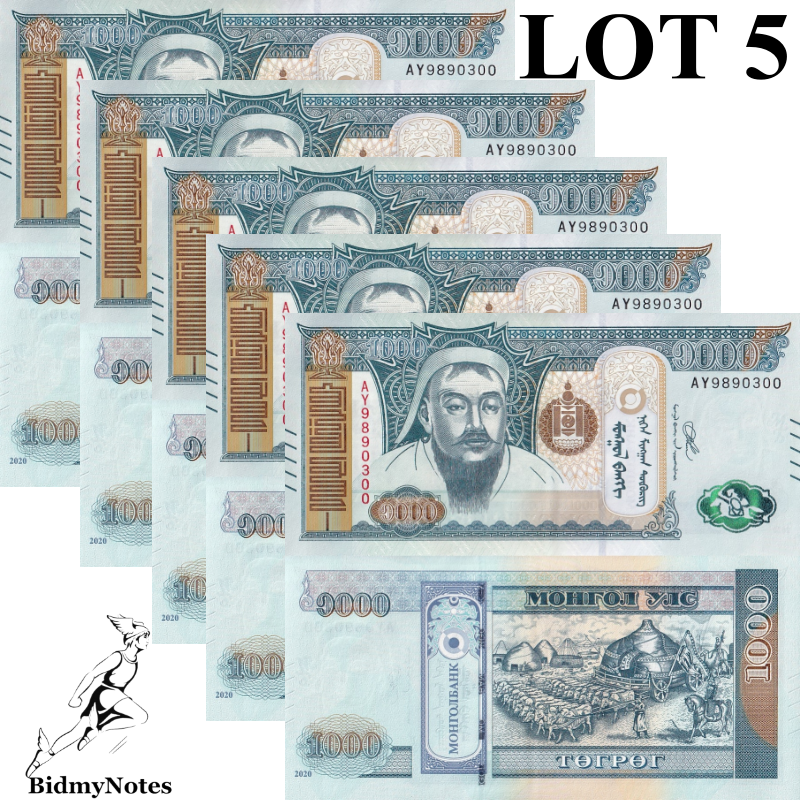 Mongolia 1000 Tugrik 2020 P 75 UNC 1/20 Bundle LOT 5 pcs New Security