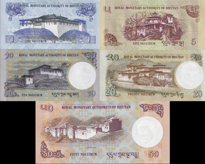 Bhutan 1 5 10 20 50 Ngultrum 2013 2015 2019 2021 P 27 28 29 30 31 UNC Set 5 pcs