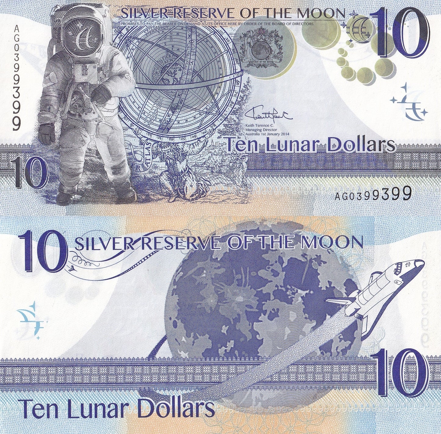 Australia 10 Lunar Dollars 2014 UNC Silver Reserve of the Moon With Folder