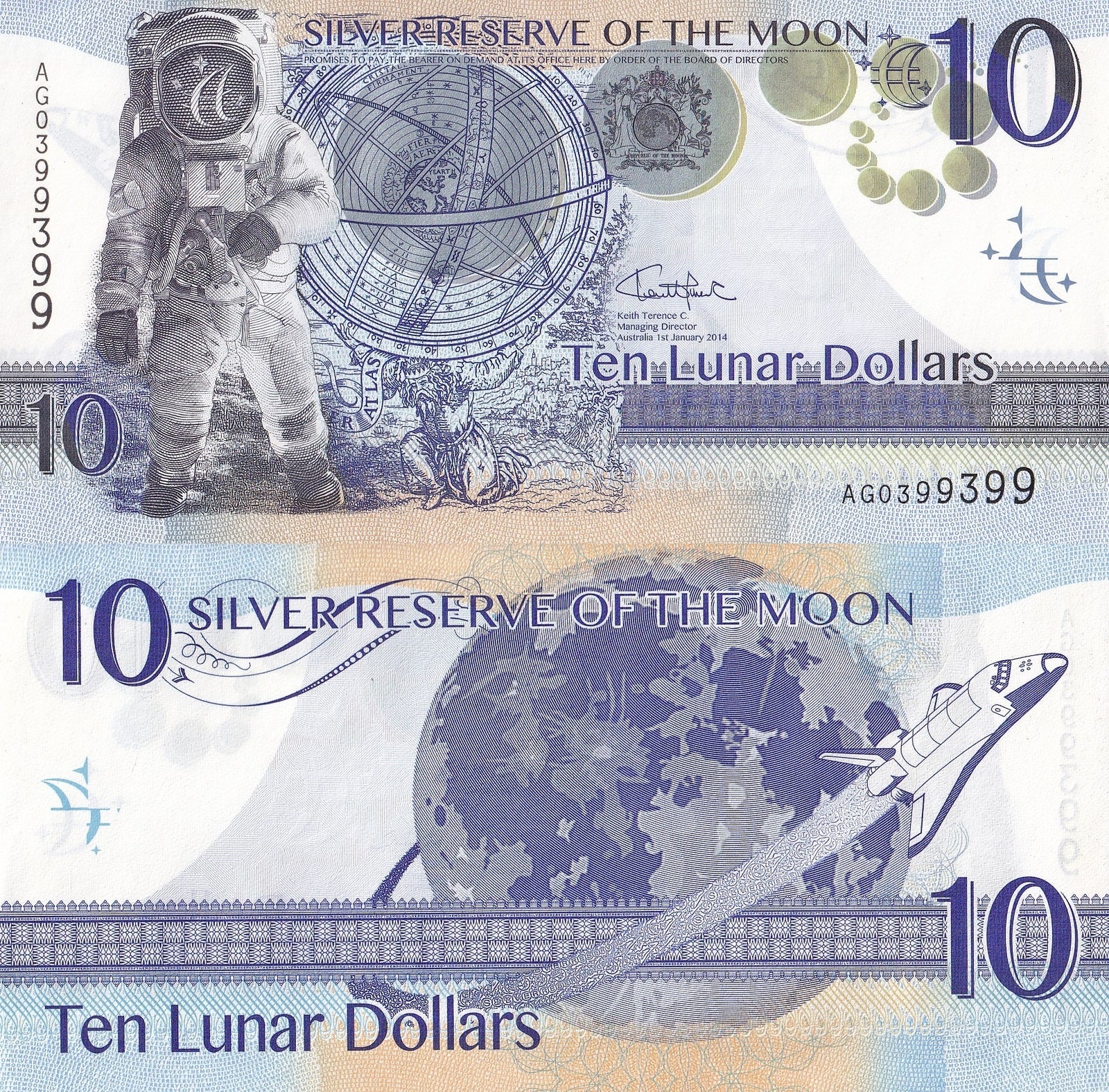 Australia 10 Lunar Dollars 2014 UNC Silver Reserve of the Moon With Folder