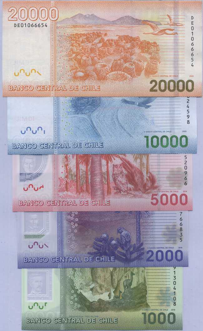 CHILE Set 5 pcs 1000-20000 Pesos 2016-2021 P 161-165 Polymer Paper UNC