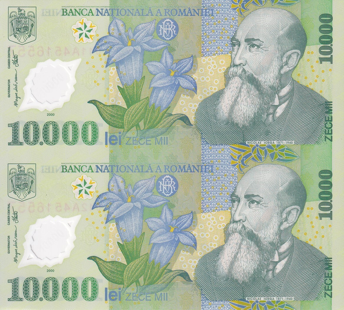 Romania 10000 Lei 2001 P 112b Polymer UNC (UNCUT 2 in 1 ) Banknote Sheet