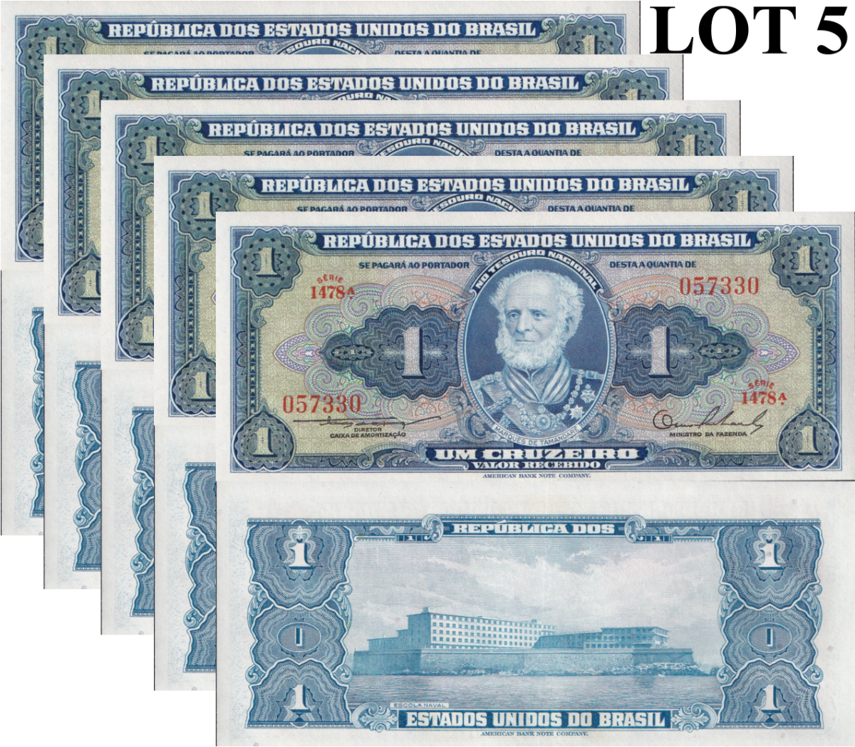 Brazil 1 Cruzeiro ND 1954-1958 P 150 UNC 1/20 Bundle Lot 5 pcs