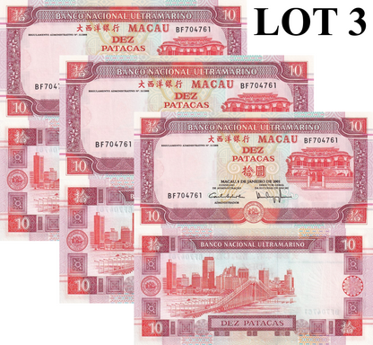 Macau Macao 10 Patacas 2001 P 76 UNC BNU Lot 3 pcs