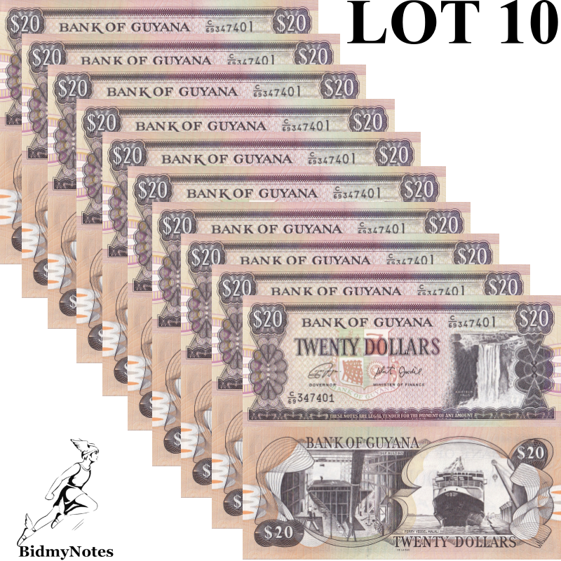 Guyana 20 dollars ND 1996-2018 P 30 (g) UNC 1/10 Bundle LOT 10 pcs