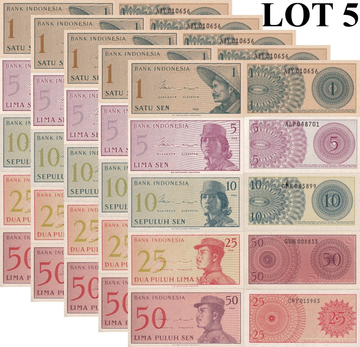 Indonesia 1 5 10 25 50 Sen 1964 P 90 91 92 93 94 UNC Set 5 pcs LOT 5
