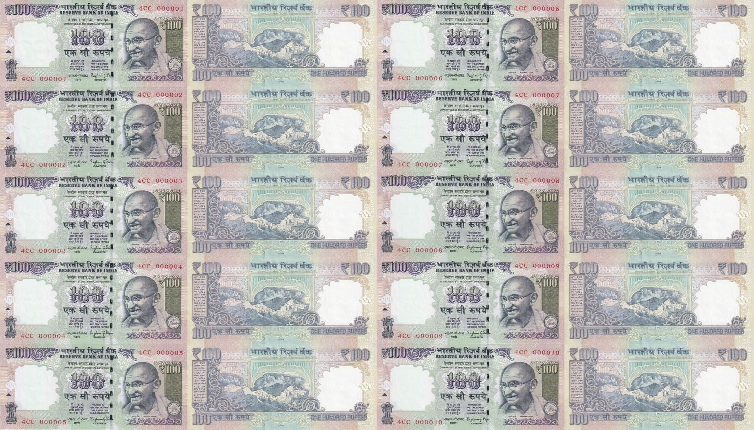 India 100 Rupees 2014 P 105o UNC Set 10 p Match Prefix 4cc LOW S/N 000001-000010