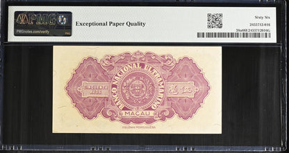 Macau Banco Nacional Ultramarino 50 Avos 1946 P 38a UNC PMG 66 EPQ 2nd TOP POP